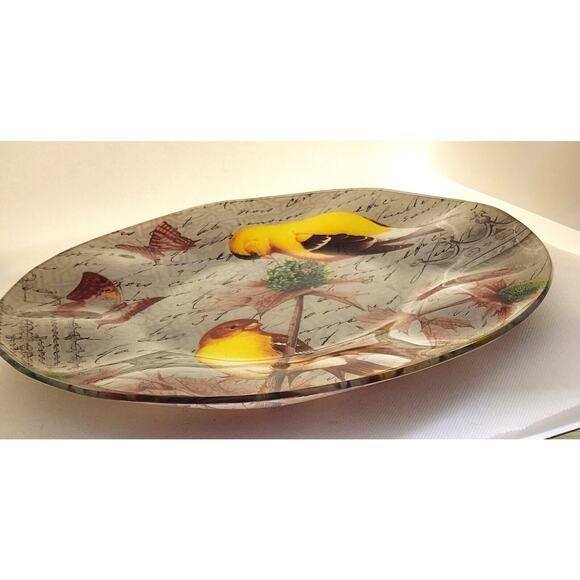 GLASS PLATTER-NOTIONS-"Goldfinch"-Ruffled Edges-Large 14" Diameter-Birds - Picture 11 of 13